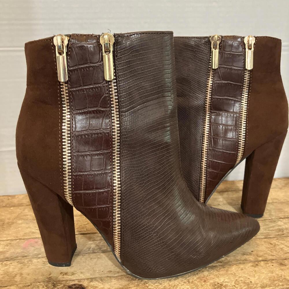 JUSTFAB Remi Brown Colorblock Reptile Emboss Side Zipper High Heel Bootie Size 8